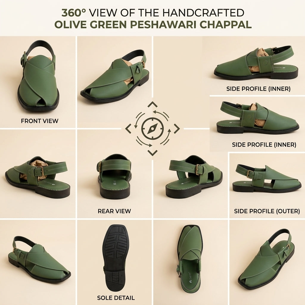 Olive Green Leather Peshawari Sandal – Handmade (Article 016)