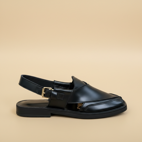 Black leather Peshawari sandal side profile – Cobblers Cut