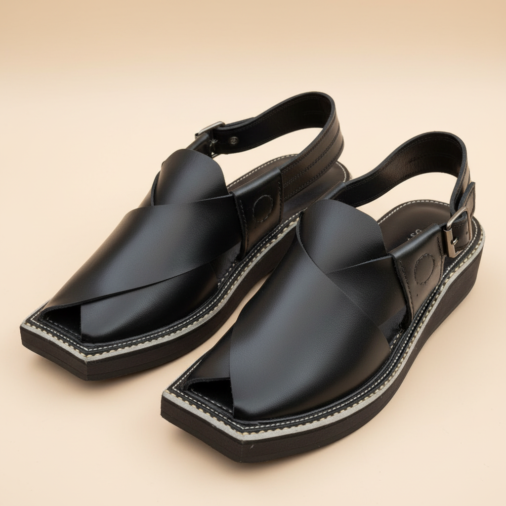 Kaptaan Black Leather Peshawari Chappal (Kheri) – Handmade (Article 008)