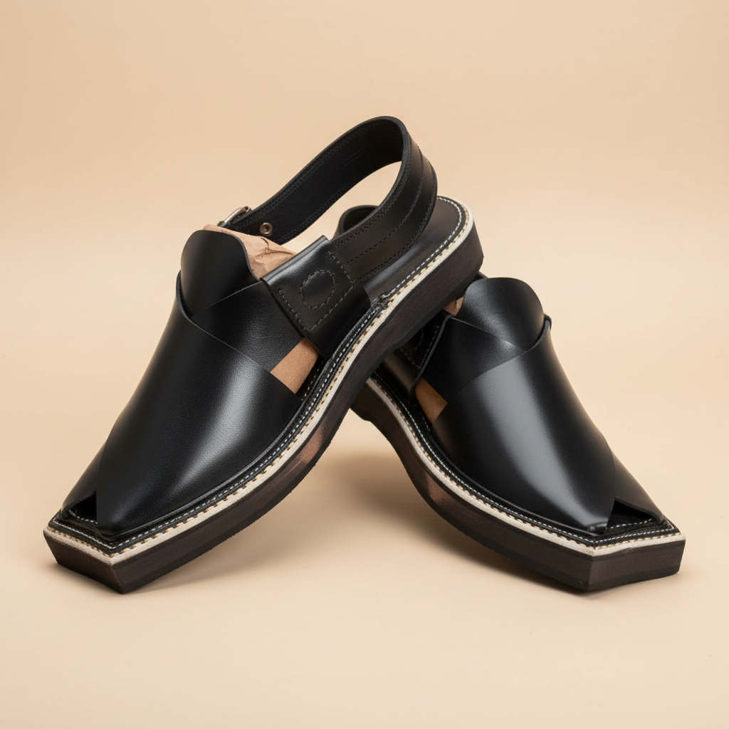 Kaptaan Black Leather Peshawari Chappal (Kheri) – Handmade (Article 008)