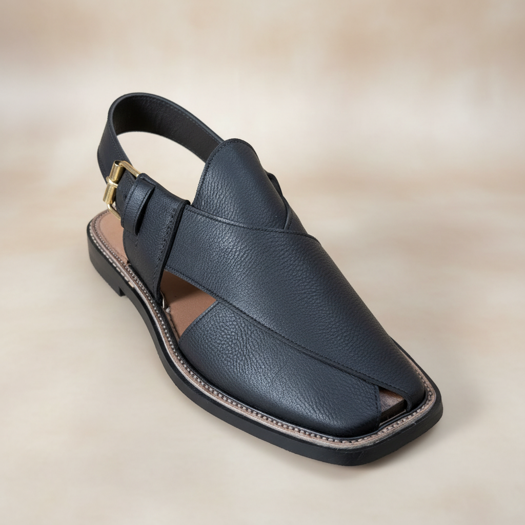 Black Leather Peshawari Sandal – Handmade (Article 012)