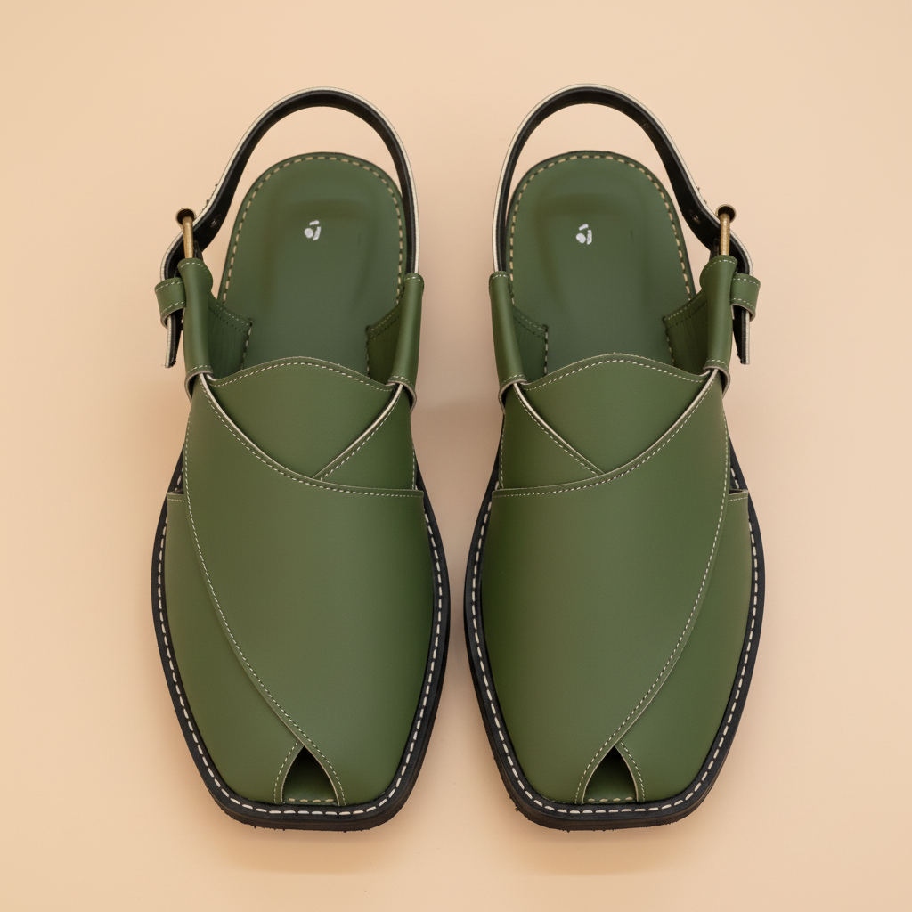 Olive Green Leather Peshawari Sandal – Handmade (Article 016)