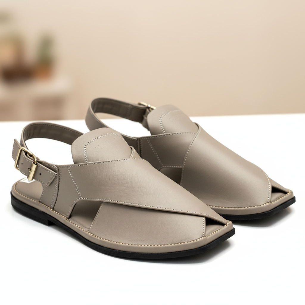 Grey-Taupe Leather Peshawari Sandal – Handmade