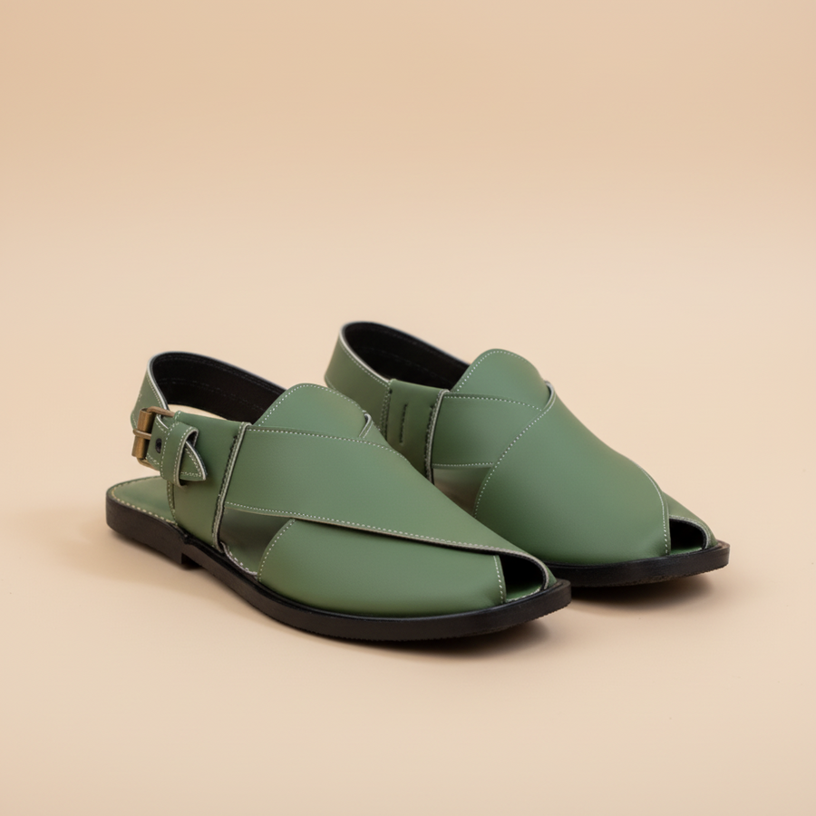 Olive Green Leather Peshawari Sandal – Handmade (Article 016)