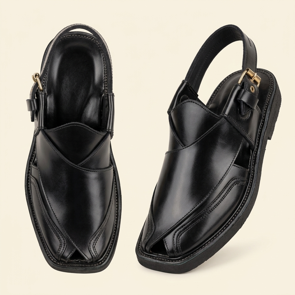 Black Leather Crossover Peshawari Sandal – Handmade (Article 005)