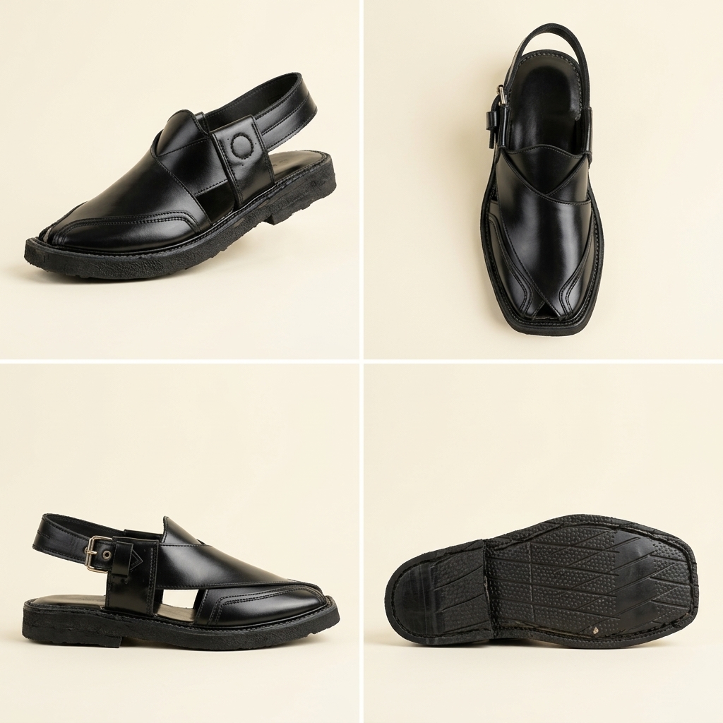 Black Leather Crossover Peshawari Sandal – Handmade (Article 005)