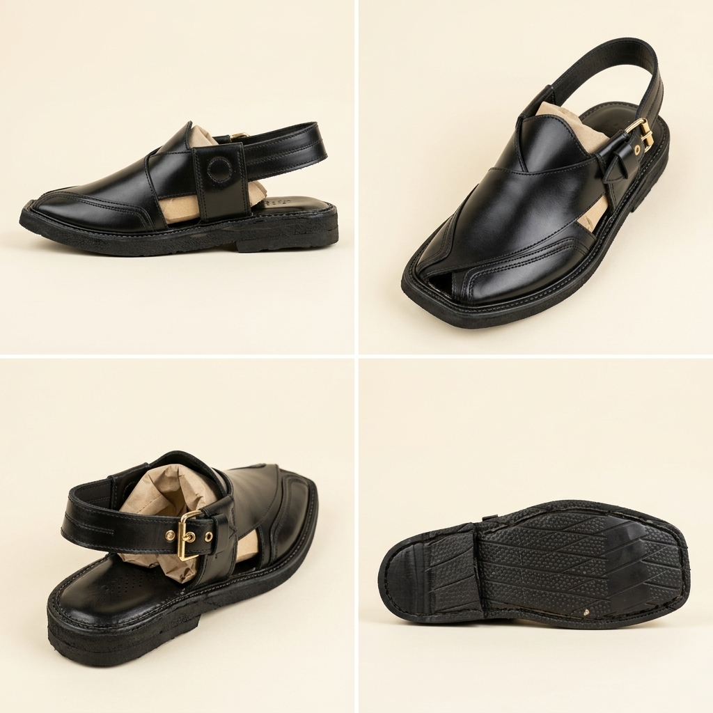 Black Leather Crossover Peshawari Sandal – Handmade (Article 005)