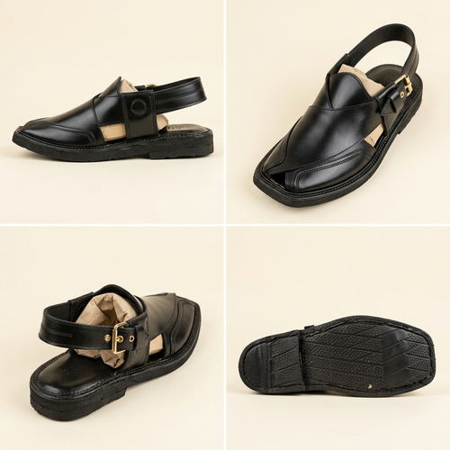 Black Leather Crossover Peshawari Sandal – Handmade (Article 005)
