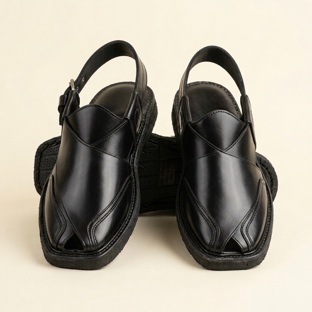 Black Leather Crossover Peshawari Sandal – Handmade (Article 005)